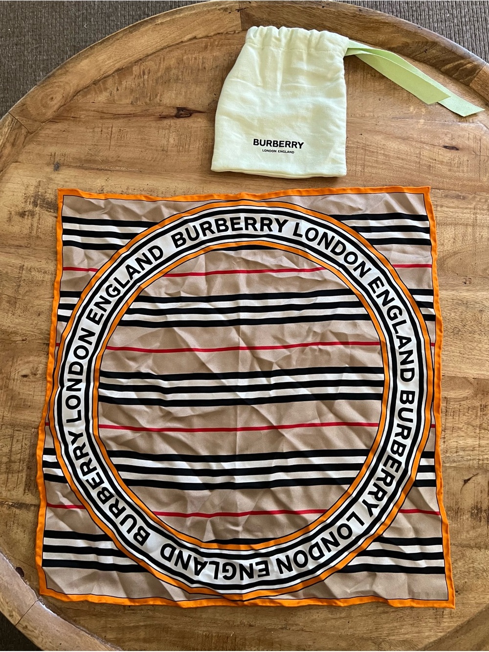 Burberry Beige Stripe Logo Silk Scarf with Orange Trim